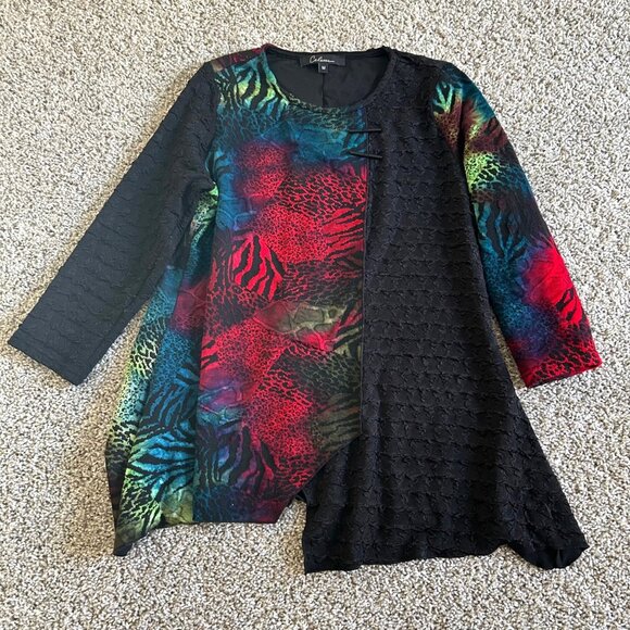 Caleoa Women's Sz M Multicolor Animal Print & Black Textured Asymmetrical Tunic - Picture 9 of 9